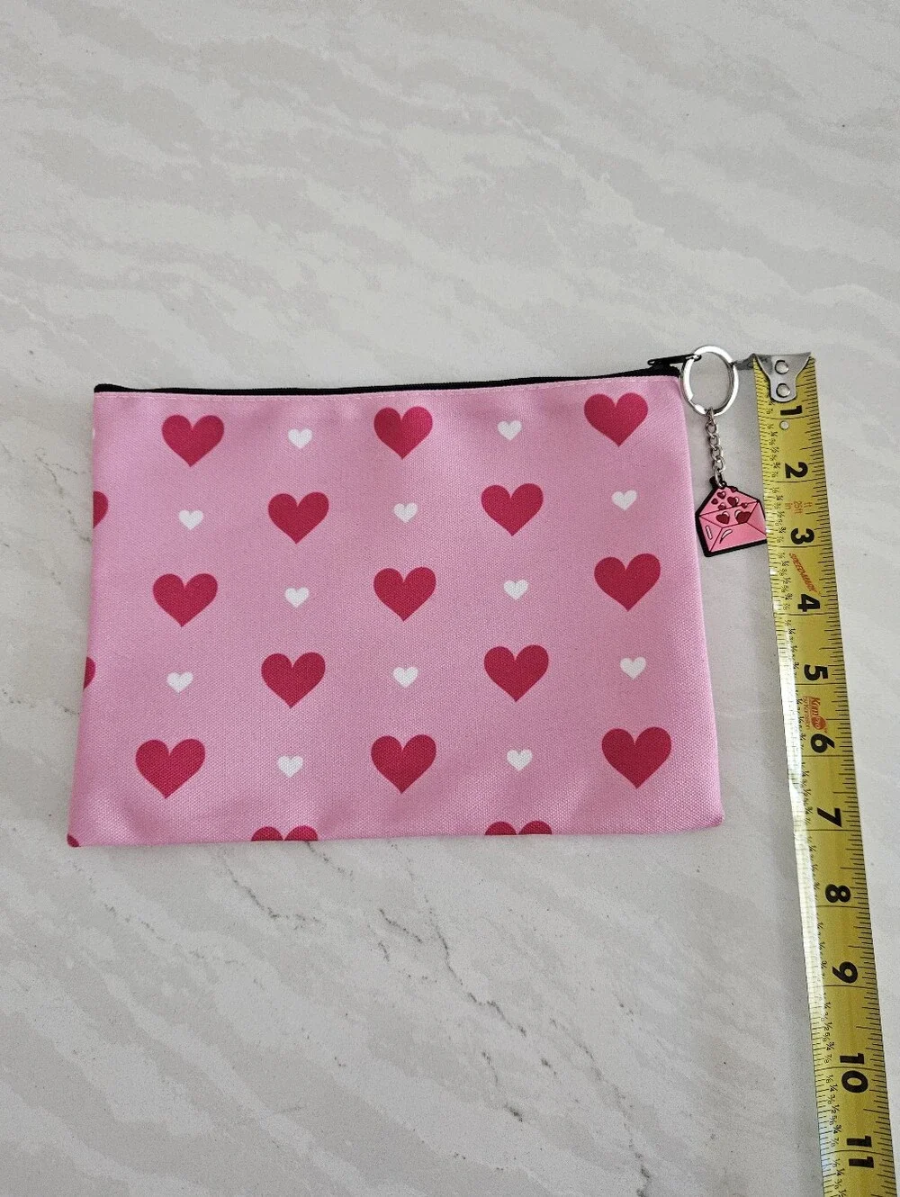 Pink Heart Print Cosmetic Pouch With Bag Charm
